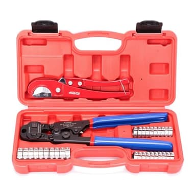 iCrimp Ratchet PEX Cinch Tool with Removing Function for 3/8-in, 1/2-in, 3/4-in, 1-in Stainless Steel Clamp, PEX Crimper with 20PCS 1/2-in, 10PCS 3/4-in PEX Clamps and Pipe Cutter- All in One