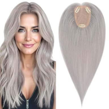 Elailite Human Hair Toppers for Women Real Human Hair Thinning Thin 9 * 12CM Silk Base Clip in Remy Hairpieces Hand-Tied 16 Inch Silver Grey