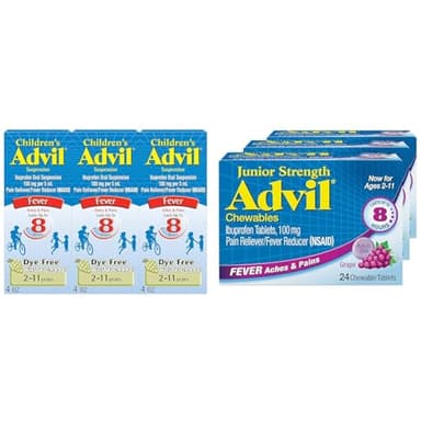 Advil Children's Pain Reliever and Fever Reducer, Dye Free Liquid Ibuprofen for Children (Pack of 3) and Advil Junior Strength Chewable Ibuprofen Pain Reliever and Fever Reducer, Grape Flavored Tablets for Children (Pack of 3)