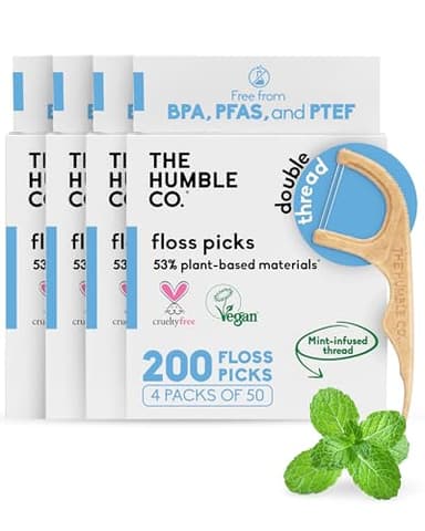 The Humble Co Dental Floss Picks for Teeth, 200 Count (Mint) - Double Thread Tooth Picks Flossers for Adults Gum Health - Toothpick Floss for Interdental Oral Care & Hygiene