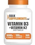 BulkSupplements.com Vitamin D3 + K2 5000 IU Softgels - D3 K2 Supplement, for Immune Health - Gluten Free, 1 Softgel per Serving, 365 Count (Pack of 1)