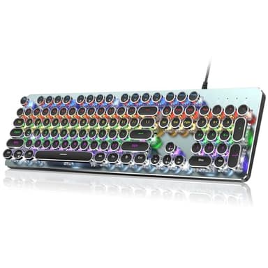 RisoPhy Typewriter Style Mechanical Gaming Keyboard, Metal Panel, Retro Punk Round Keycaps, Clicky Blue Switch, Rainbow LED Backlit, 104 Keys Wired Keyboard, Round Keycaps for PC Laptop Mac Gamer