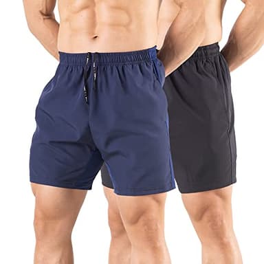 Gaglg Men's 5" Running Shorts 2 Pack Quick Dry Athletic Workout Gym Shorts with Zipper Pockets Black/Navy,Large