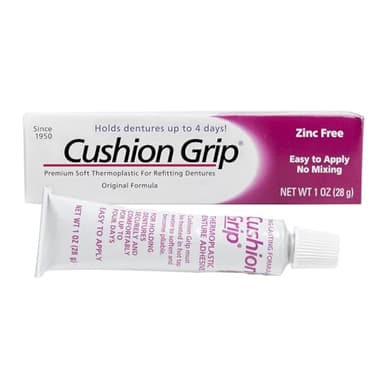 Cushion Grip Thermoplastic Denture Adhesive 1 oz – Refits & Tightens Loose Dentures, Secure Custom Fit, Long-Lasting Comfort, Waterproof, Zinc-Free