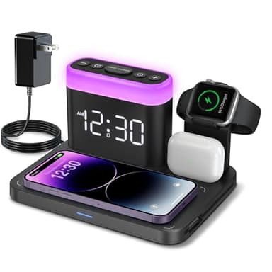 ANJANK Wireless Charging Station,5 in 1 Multiple Charger Stand with Alarm Clock,7 Night Light,Mag-Safe Charging Dock for iPhone 17 16 15 14 13 12 Pro Max Plus,Apple Watch 11/10/9/8,for Airpods,Bedroom