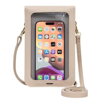 Toptime Small Crossbody Bags for Women, Cell Phone Purse Leather Wallet with Adjustable Strap, Clear Touch Screen Phone Bag for Most Smartphones, Lightweight Mini Women's Crossbody Handbags Beige