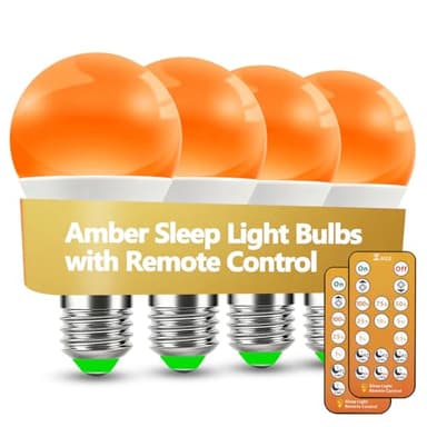 Wivety Amber Sleep Light Bulbs 1600K with Remote Control, E26 Blue Light Blocking A19, 9W for Sleep Therapy, Baby Nursery, Bedroom (4 Packs)
