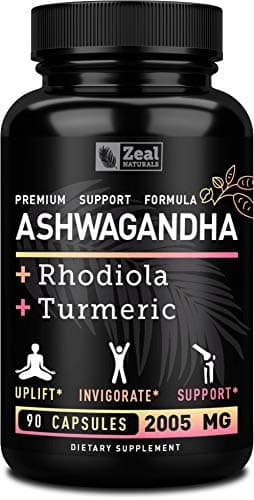 Zeal Naturals Adaptogenic Ashwagandha Complex | 2005mg, 90 Capsules | Organic Ashwagandha Root Powder + Rhodiola Rosea + Turmeric | 3-in-1 Stress Relief, Energy & Joint Support Supplement