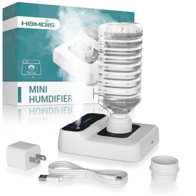 HOMDIS Travel Humidifier, Portable Small Humidifier for Plants, Bedroom, Office, Hotel or Car, 5000mAh Battery Operated Mini Cool Mist Humidifiers, Quiet 23dB, Auto-off, Night Light & BPA-Free, White