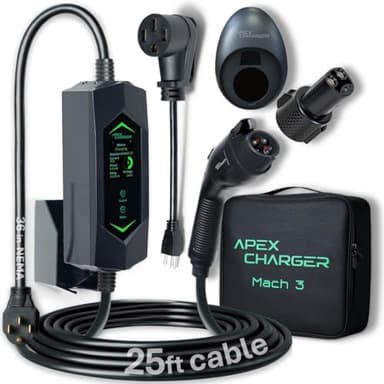 MACH 3 Fast 40 Amp Level 1&2 Portable EV Charger, Electric Vehicle Charging Station, 120-240V NEMA 14-50 w/ 5-15 Adapter. SAE J1772 car Connector & Tesla mobile NACS, Outdoor EVSE, 25ft Cable w/holder