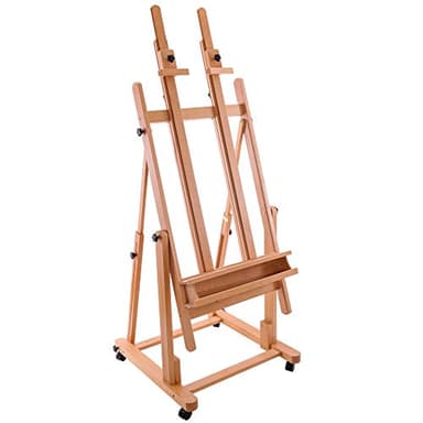 U.S. Art Supply Extra Large Double Mast Wooden H-Frame Easel: Adjustable Studio Artist Easel for Painting with Rotating Canvas Stand, Artist Storage Tray & Locking Pro Caster Wheels, Premium Beechwood