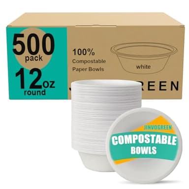 JINVOGREEN 500 Count 12 oz Paper Bowls, Disposable Compostable Bowls Bulk, Heavy Duty Biodegradable Bagasse Bowl for Snacks, Soup, and Salads, White