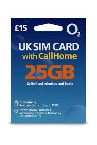 UK Travel SIM Card with 25GB 5G Data + Unlimited Calls & Texts | Call Home | O2 Network | 30 Days Validity | Physical SIM for UK Trips | Hotspot Enabled | Roam in Europe
