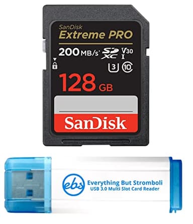 SanDisk SD Extreme Pro 128GB UHS-I Memory Card Works with Sony a7CR, a7Cm2, a6700 Mirrorless Cameras (SDSDXXD-128G-GN4IN) U3 V30 Bundle with (1) Everything But Stromboli 3.0 Micro & SDXC Card Reader