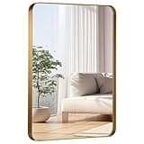 JENBELY 24x36 Inch Gold Bathroom Mirror, Brushed Metal Framed Rectangle Mirror with Rounded Corner, Gold Bathroom Vanity Mirror for Bedroom or Living Room, Horizontal/Vertical