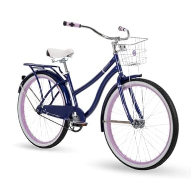 Huffy Woodhaven 26" Cruiser Bike, Midnight Purple Frame, Dual-Density Padded Seat, Chainguard Cover, Rear Rack, Front Basket, Easy Height Adjustment