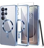 Magnetic Case Compatible with Samsung Galaxy S25 Ultra,Compatible with MagSafe,[Full Camera Protection][Screen Protector]Shockproof Plating Clear Phone Cover for Galaxy S25 Ultra 6.9 Inch(Blue/Clear)
