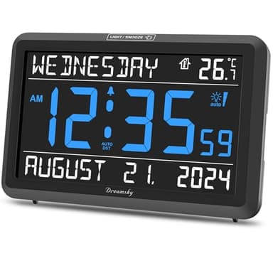 DreamSky Large Digital Clock with Date and Day of Week - Electric Desk Clock for Seniors Elderly, Bedroom Alarm Clock with Battery Backup, Dimmer, USB Port, Auto DST, Temperature, Adjustable Volume