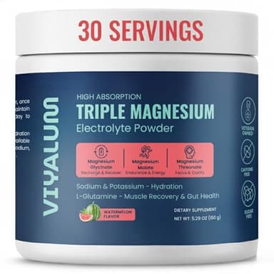 VIYALUM Triple Magnesium Electrolyte Powder | 250 mg High Absorption Magnesium Glycinate, Malate & Threonate | Sodium & Potassium Hydration Mix with L-Glutamine | Zero Sugar | 30 Servings (Watermelon)