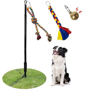 SYOOY Tether Outdoor Dog Toy,Interactive Exercise Game in Yard Park Tug of War for Large Medium Small Dog Puppy with 2 Rope Toy and Bell Pull Chase and Solo Play