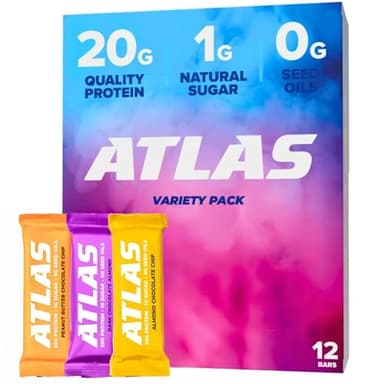 Atlas Real Food Protein Bar – 20g Clean Protein, 1g Sugar, No Seed Oils, No Artificial Sweeteners (Variety Pack, 12 Count)