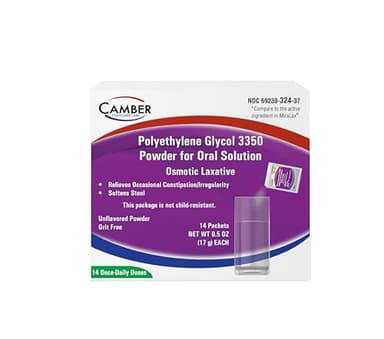 Camber Polyethylene Glycol 3350 Powder, Osmotic Laxative, Relieves Occasional Constipation, Stool Softener (14 Daily Dose Sachet)