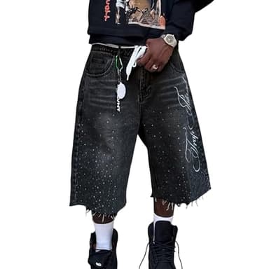Men Rhinestone Baggy Jean Shorts Y2K Casual Vintage Wide Leg Straight Capri Denim Shorts Hip Hop Streetwear (Black, XL)