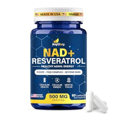 Anyglory NAD+ Supplement with 500mg NR, Resveratrol, CoQ10, PQQ- 5-in-1 NAD Formula |NMN Supplement Alternative|NAD Resveratrol Support Cellular Energy & Healthy Aging-Made in USA-60 Capsules