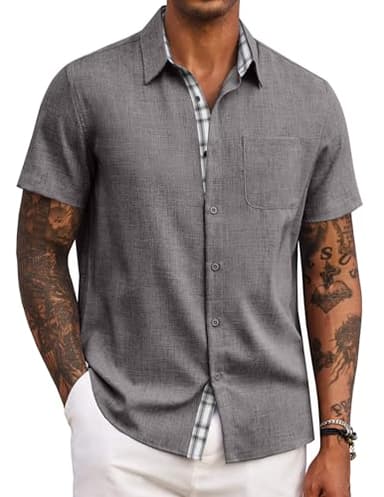 COOFANDY Men's Beach Shirt Short Sleeve Untucked Button Up Shirt Wedding Attire A-Dark Grey