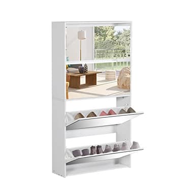AODAILIHB White Shoe Cabinet for Entryway Slim, Narrow Freestanding Shoe Rack with 4 Flip Drawers&Mirror, Wood Storage Organizer for Closet, Apartment, and Corridor (Mirror Cabinet)