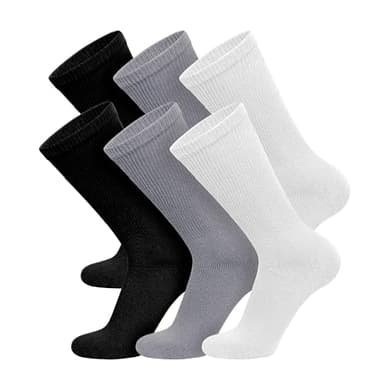 6 Pairs of Cotton Diabetic Non-Binding Neuropathy Crew Socks (Black, Gray, White, Fits Mens Shoe Size 9-12/Womens Shoe Size 10-13)