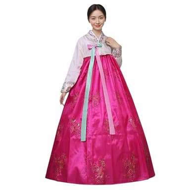 STIOEDYUAN Women‘s Traditional Korean Hanbok Dress Long Sleeve Palace Wedding Costume with Floral Embroidery (Rose Red, Medium)