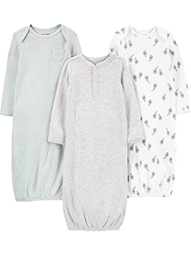 Simple Joys by Carter's unisex-baby 3-Pack Cotton Sleeper Gowns, Avocados/Heather/Stripe, 0-3 Months