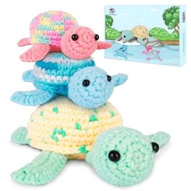 Crochetta Crochet Kit for Beginners, Beginner Crochet Kit for Adults with Step-by-Step Video Tutorials, DIY Crochet Animal Kits Knitting Supplies, 3 Pack Turtle (40%+ Yarn)