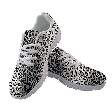 Jeiento Grey Leopard Print Ladies Trainers Lace Up Sneaker Comfort Mesh Breathable Gym Sports Fitness Running Shoes for Teens Girls,Gray Cheetah Animal Skin Adult Shoes,US 8