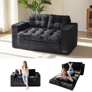 MAXYOYO Convertible Sofa Bed, Pull Out Loveseat Sleeper Sofa, 2 in 1 Folding Couch Bed, Fold Out Floor Couch with Pillows for Living Room Bedroom Lounge, Black