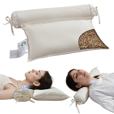 LOFE Buckwheat Pillow - 2IN1 Buckwheat Hull Pillow, Tartary Buckwheat Neck Roll Pillow for Superior Support, Adjustable Cervical Neck Pillow for Side, Back, Stomach Sleepers, Organic Cotton Pillowcase
