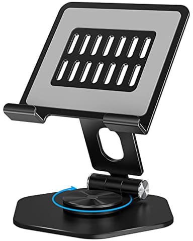 SOJUNER Foldable Aluminum Tablet Stand for Desk, 360° Swivel iPad & Tablet Holder – Portable & Stable Desktop Mount for 5–12.9in Devices, Black