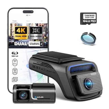 THINKWARE U3000 PRO 2CH 4K HDR Dual Dash Cam Front and Rear - 4K+2K STARVIS 2, Super Night Vision 4.0, Radar Parking Mode, Thermal Protection, 5GHz Wi-Fi and GPS - 64GB MicroSD & Hardwiring Cable Incl