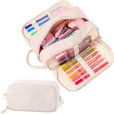 Nuozme 3 Compartment Pencil Case, Extra Large Capacity School Supplies Pencil bag with Easy Handle, Soft Corduroy Pencil Pouch, Aesthetic Supply Pen Case Bag Organizer For Teen Girls College (Beige)