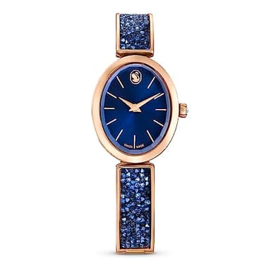 Swarovski Crystal Rock Oval Watch, Metal Bracelet with Blue Sunray Dial in a Rose Gold-Tone Finish, Part of The Crystal Rock Oval Collection