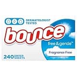 Bounce Free & Gentle Dryer Sheets, 240 Sheets, Unscented Fabric Softener Sheets, Hypoallergenic and Dermatologist Tested