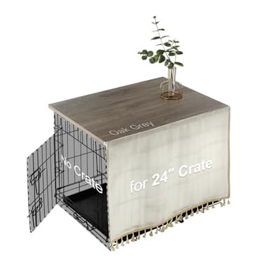 VIE DE AMAN Dog Crate Topper Wood for 48 42 36 24 inch Cages, Table Topper with Tassel Curtain, Rustic Style Dog Kennel Topper, Oak Grey(Dog Crate Not Include)