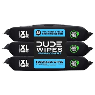 DUDE Wipes Unscented Flushable Wipes - Extra-Large Adult Wet Wipes for Sensitive Skin - 3 Pack (144 Count) - Infused with Vitamin E and Aloe - Septic and Sewer Safe