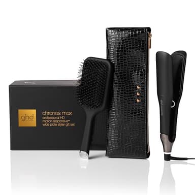 ghd Chronos Max Professional Wide Plate Flat Iron, Black, 85% Larger Plates, HD Motion-Responsive Technology, 365°F, for Long, Thick, or Curly Hair, Festive Gift Set