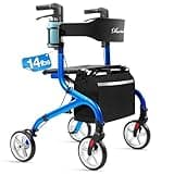 PLANET WALK Super Lightweight Rollator Walker for Seniors, Foldable Rolling Walker with Seat and 8" Rubber Wheels for All Terrain, Upgraded Height Adjustment Button with Cup Holder, Blue