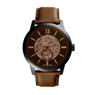 Fossil Men's Watch, Townsman Automatic Stainless Steel and Leather Three-Hand Skeleton Watch for Men, Color: Black, Cognac