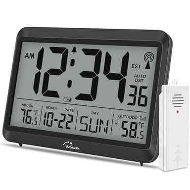 WallarGe Atomic Clock with Indoor Outdoor Temperature - 8.5'' Digital Clock Battery Operated, Self-Setting, 4 Time Zones, DST