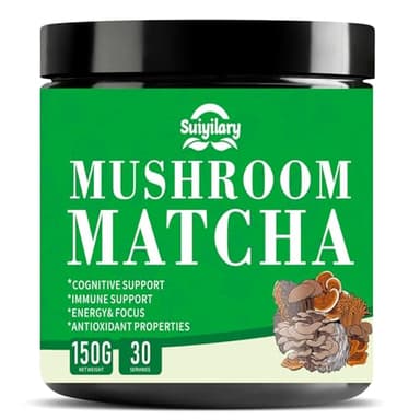 Suiyilary Mushroom Matcha, Ceremonial Matcha Tea Powder with 7 Superfood Mushrooms, Gluten Free, Taste Great Hot or Cold Matcha Latter - 150g 30 Serving