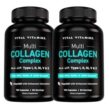 Vital Vitamins Multi Collagen Capsules (2-Pack) - Type I, II, III, V, X - Grass-Fed, Collagen Peptides Supplements, Non-GMO - for Men & Women